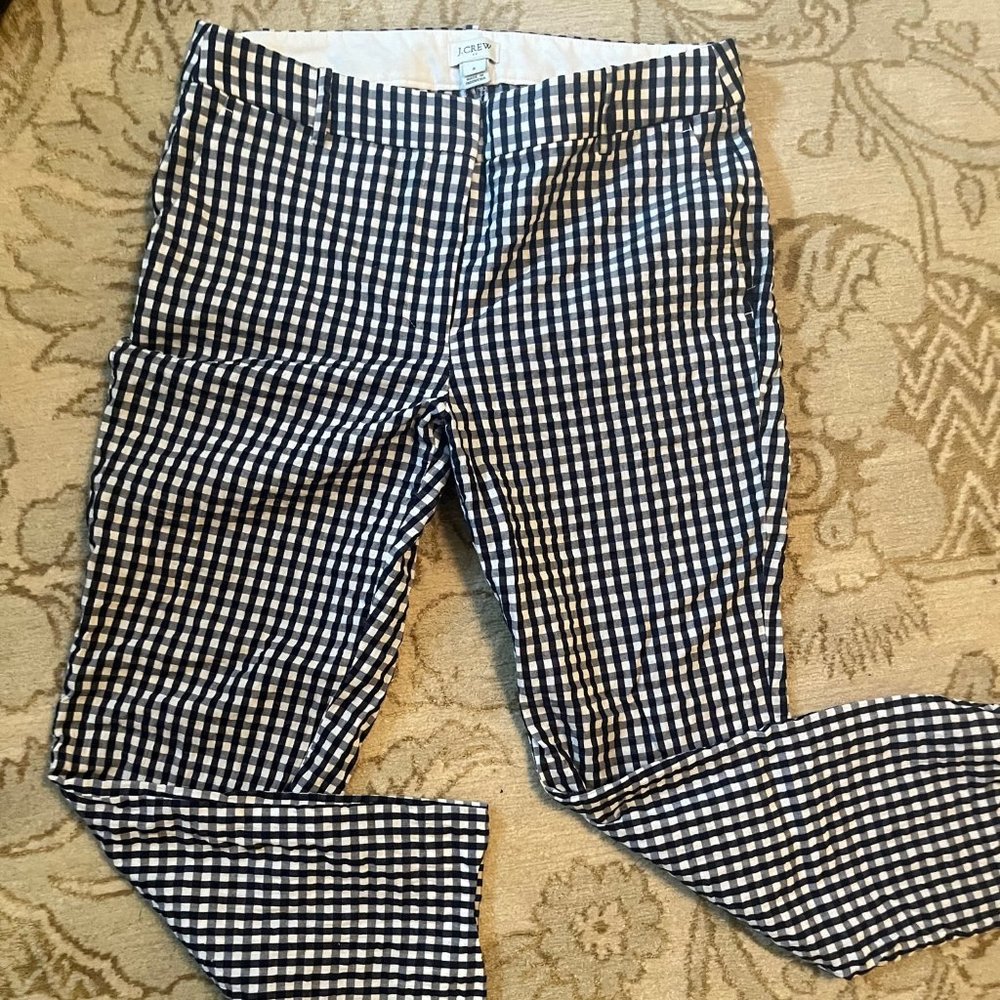 J Crew navy and white plaid seersucker straight leg ankle pants